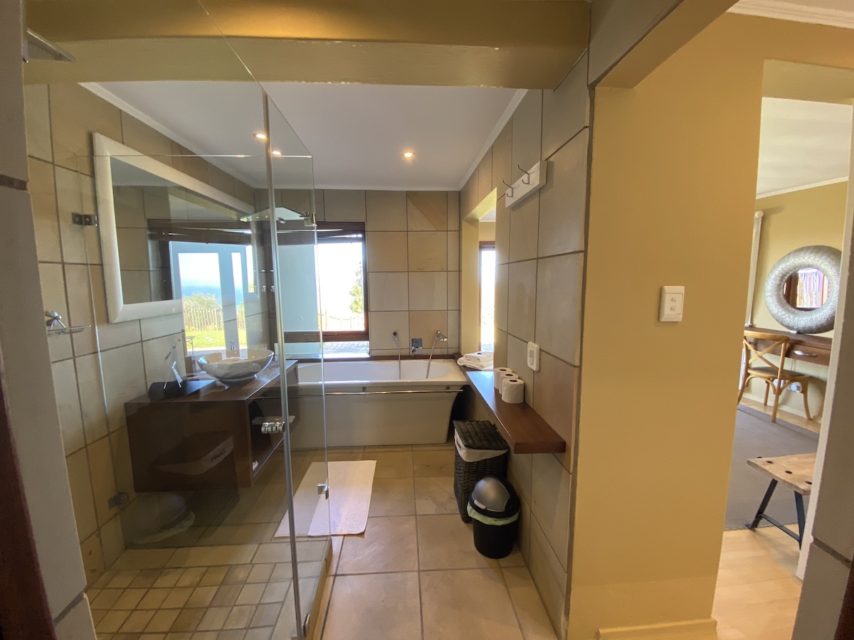 Timber vanity and bowl basin beside the open walk-in shower